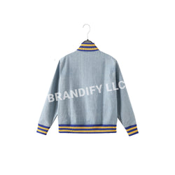Image of SGRho Denim Bomber Jacket – Sigma Gamma Rho Sorority Apparel | Royal Blue & Gold Greek Outerwear | D9 Fashion